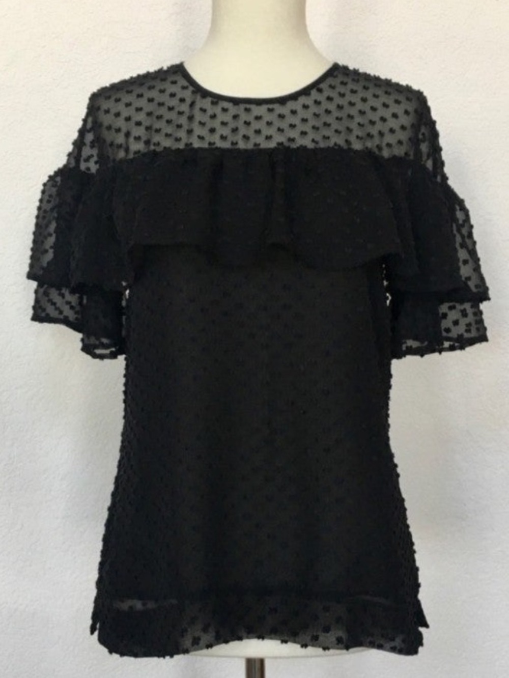 J. Crew Edie Black textured clip dot ruffled short sleeves feminine silk top